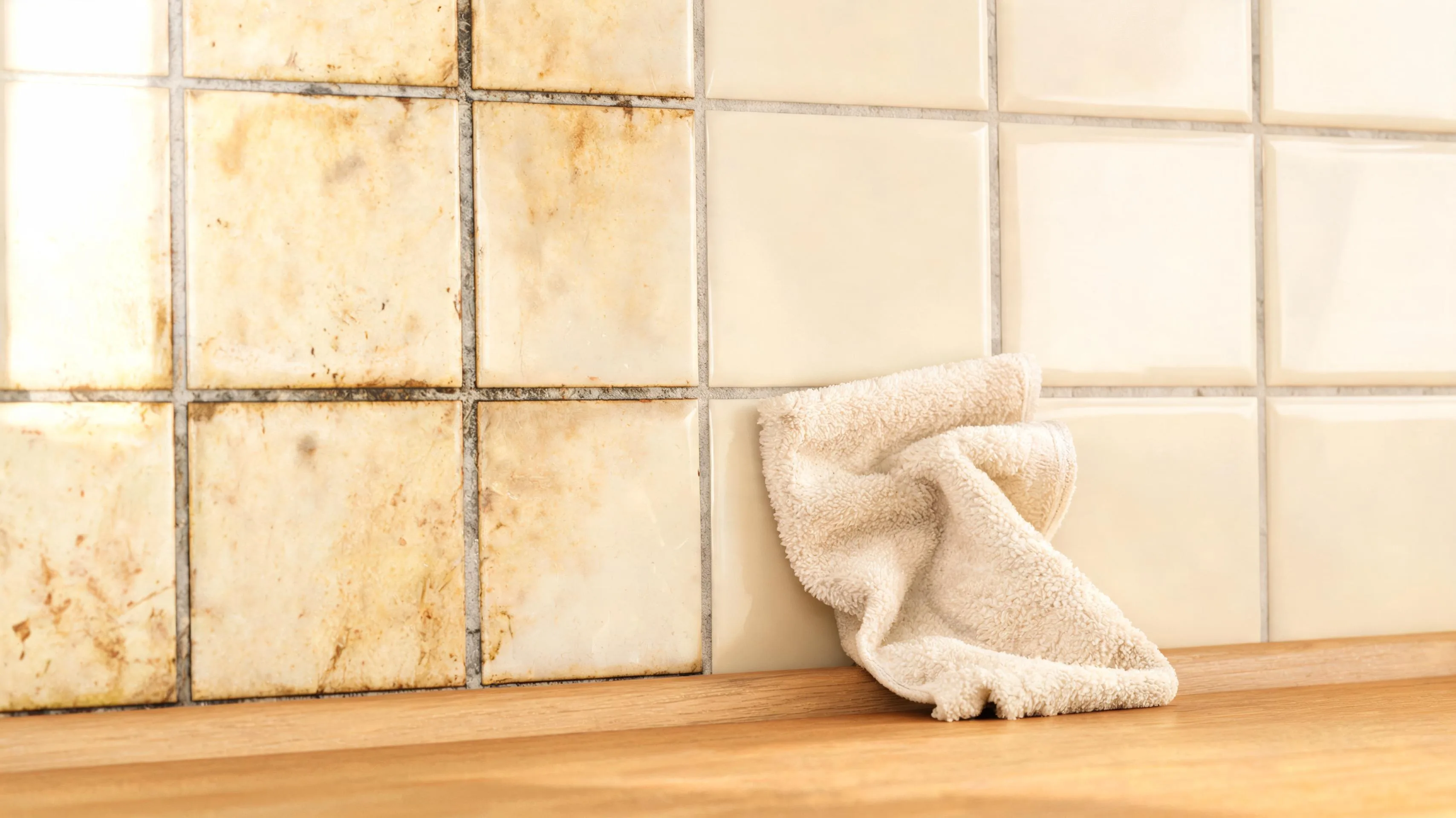 Cleaning cloth wiping a kitchen backsplash tile grout line