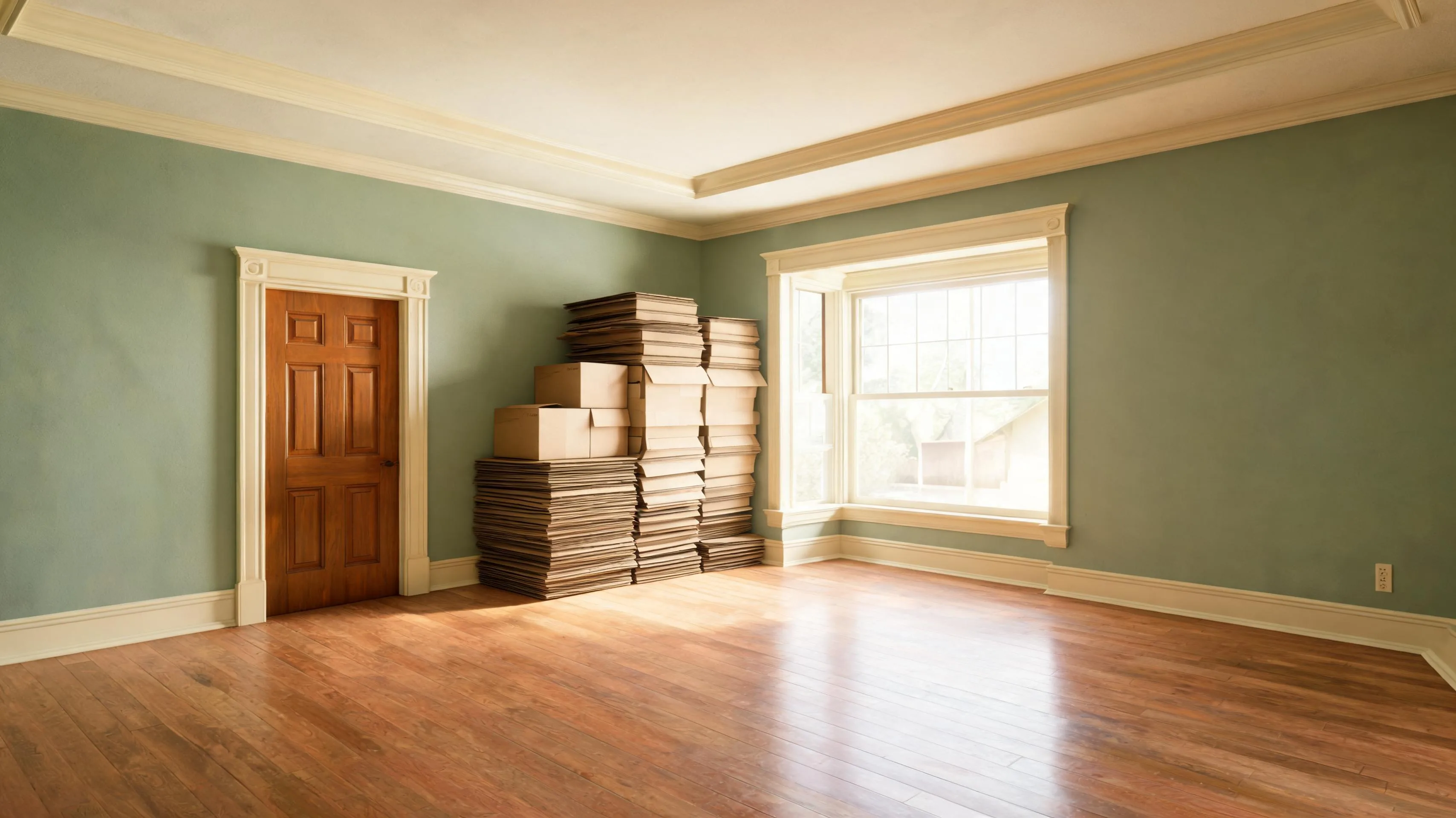 Empty living room with bare floors and moving boxes stacked by the wall