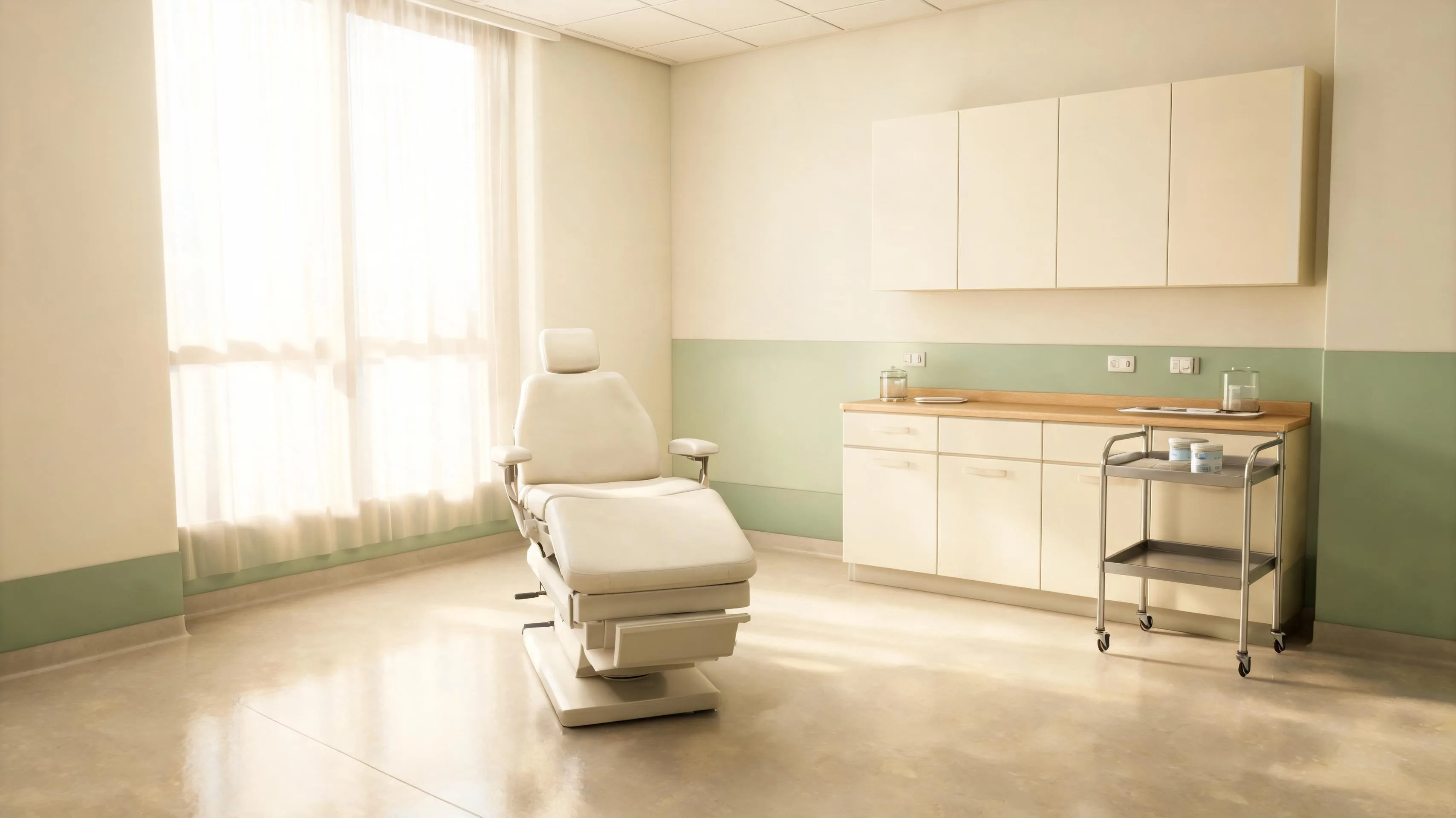 Spotless clinical treatment room with clean surfaces and medical equipment