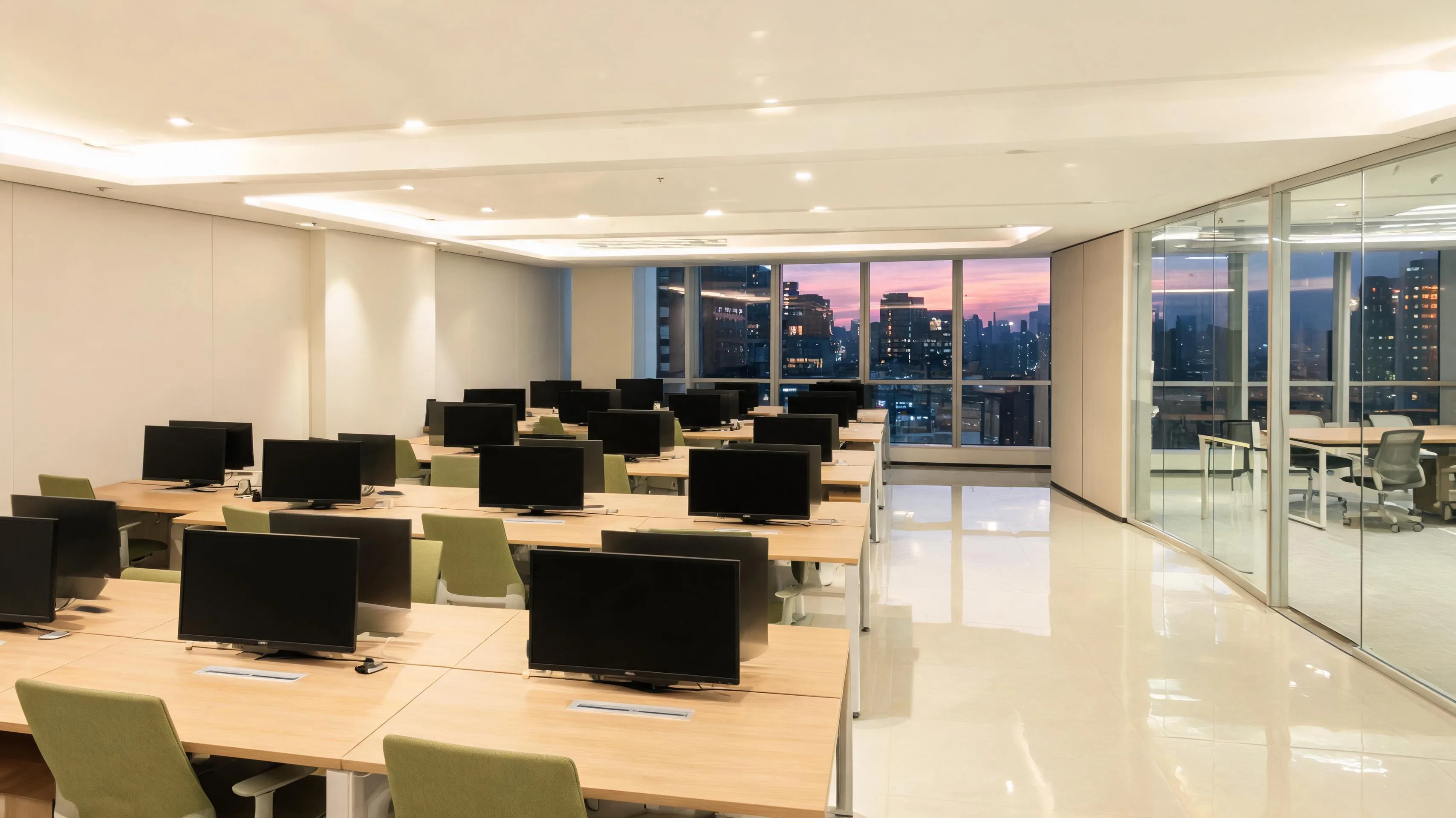 Clean modern open-plan office at dusk with tidy desks