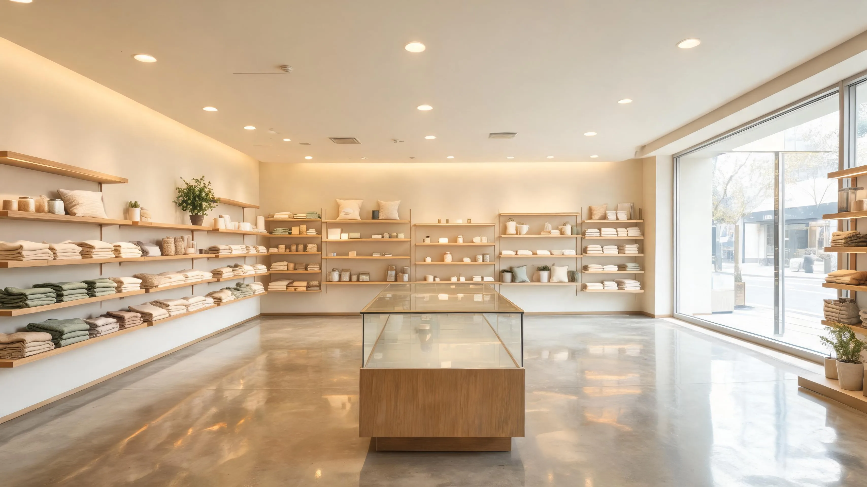 Clean retail shop floor after hours with polished floors and tidy displays