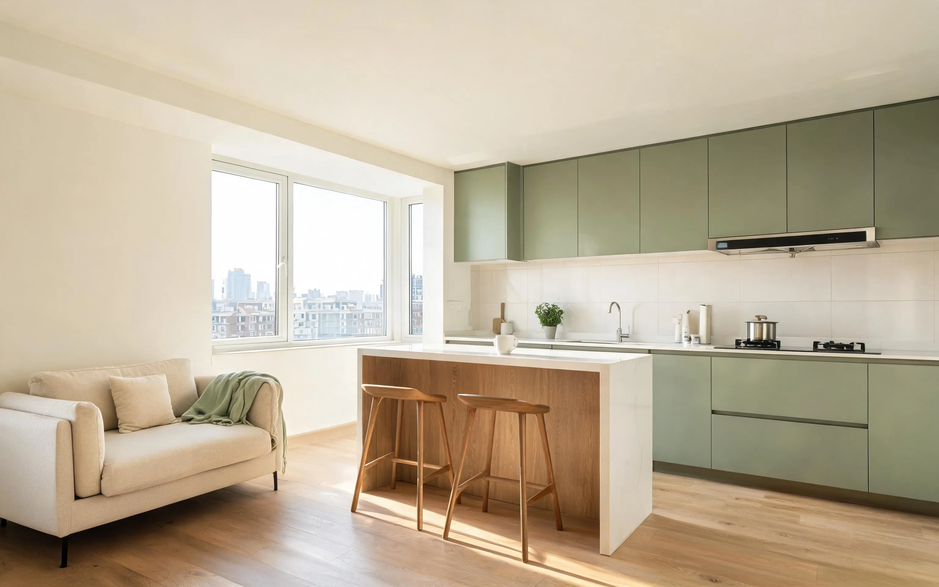 Bright modern apartment interior with a tidy open-plan kitchen and living space