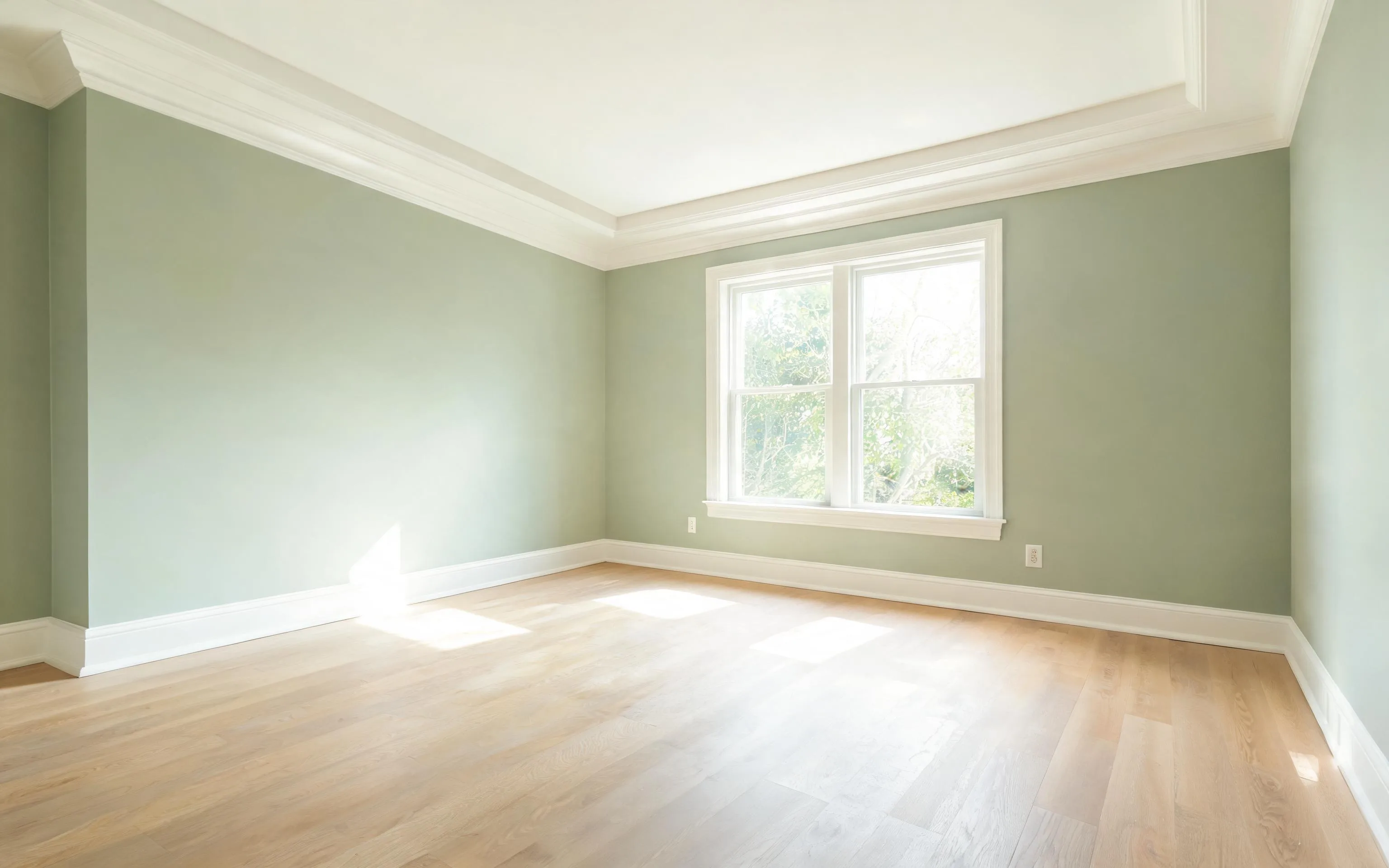 Freshly renovated room with clean new floors, bare walls and clear light after a build
