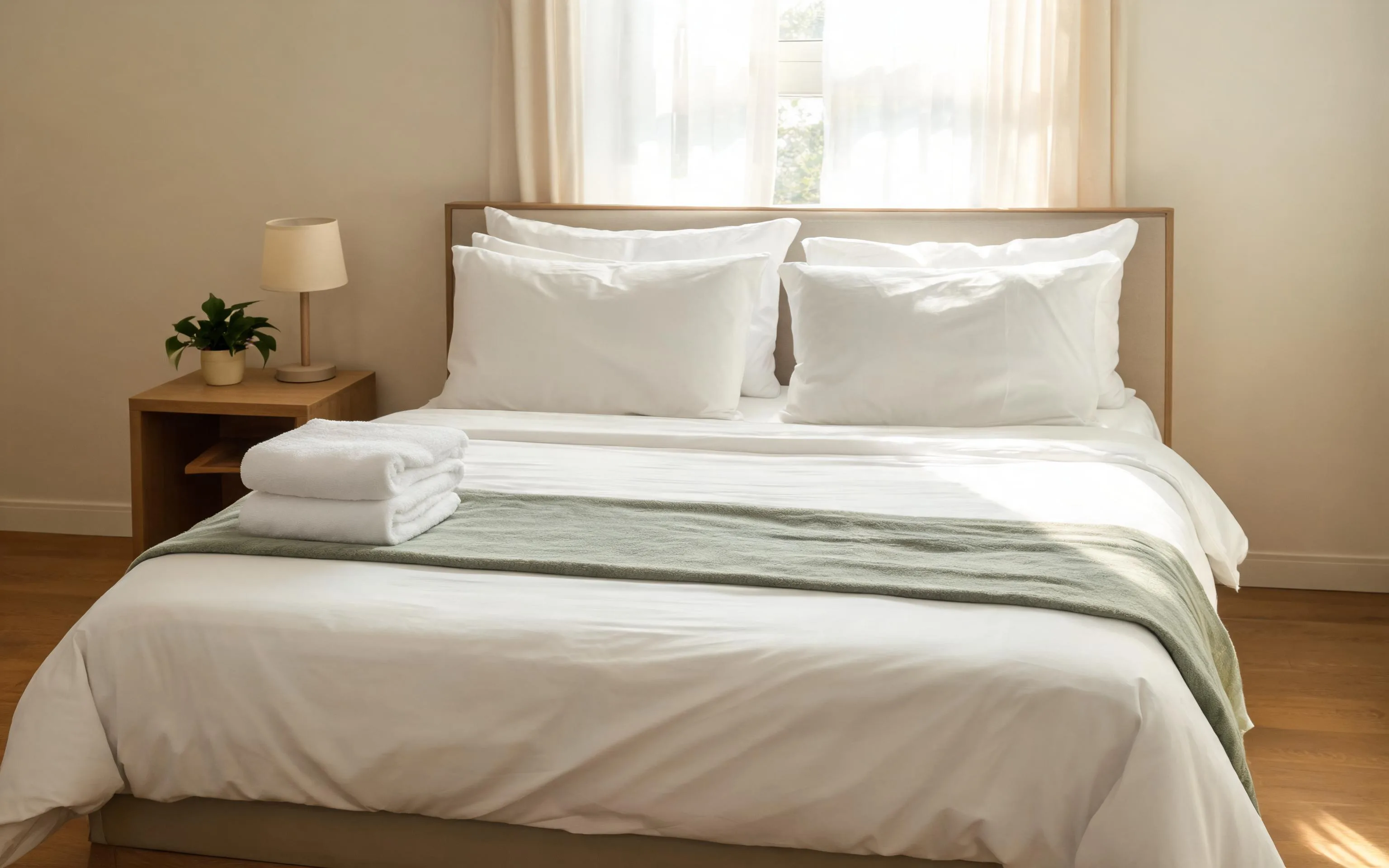 Neatly staged guest bedroom with crisp white linens, folded towels and a bedside lamp